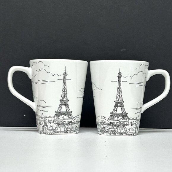 Lot (2) 222 Fifth City Scenes black white sketch Eiffel Tower Tea Coffee Mug Cup - Picture 1 of 7